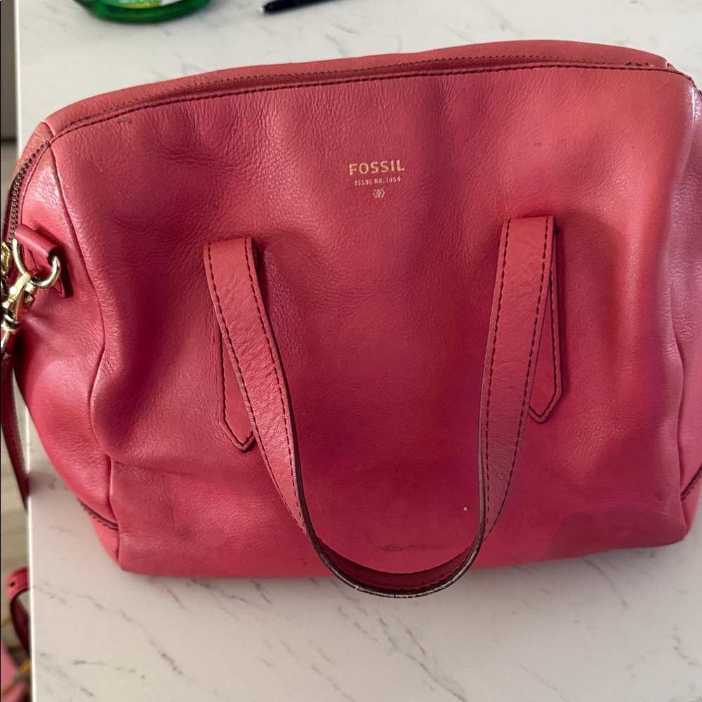 Fossil Red Leather Tote Bag